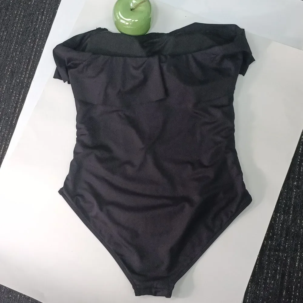 Holipic Elegant Black Ruffle Bandeau Tummy Comtrol One-Piece Swimsuit sz XL